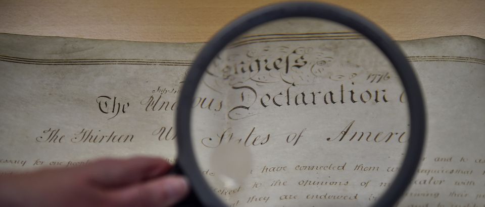 A rare handwritten copy of the U.S. Declaration of Independence is seen at the West Sussex Record Office in Chichester in south England