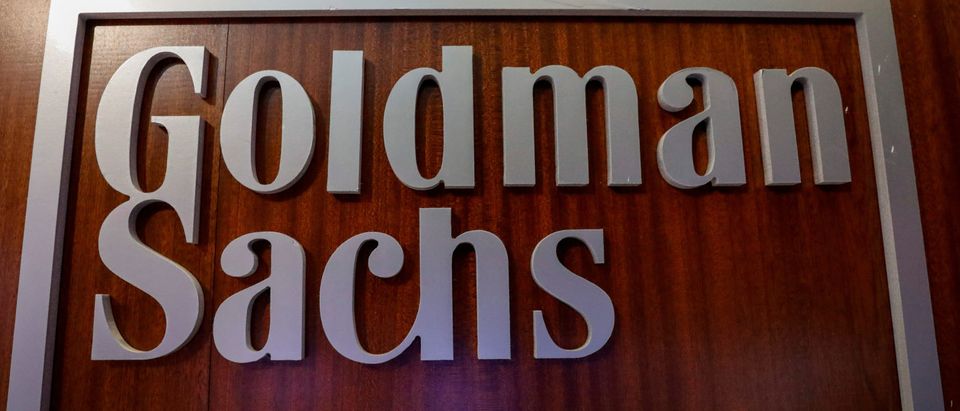 The Goldman Sachs company logo is seen in the company's space on the floor of the NYSE in New York