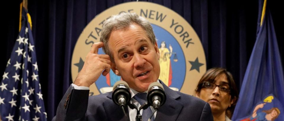 New York Attorney General Eric Schneiderman speaks during a news conference to discuss the civil rights lawsuit filed against The Weinstein Companies and Harvey Weinstein in New York, U.S., Feb. 12, 2018. REUTERS/Brendan McDermid/File Photo