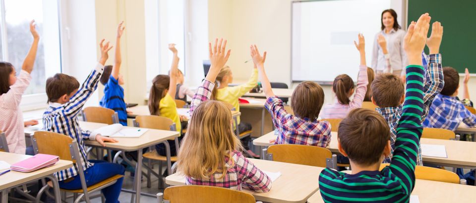 Group of school kids with teacher sitting in classroom and raising hands. Shutterstock