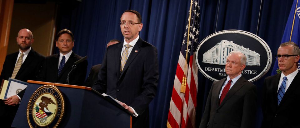 Deputy Attorney General Rod Rosenstein speaks during a news conference announcing the takedown of the dark web marketplace AlphaBay, at the Justice Department in Washington