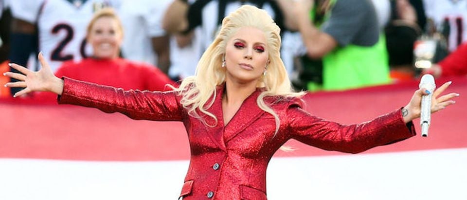 Lady Gaga sings the National Anthem at Super Bowl 50 at Levi's Stadium on February 7, 2016 in Santa Clara, California. (Photo by Christopher Polk/Getty Images)
