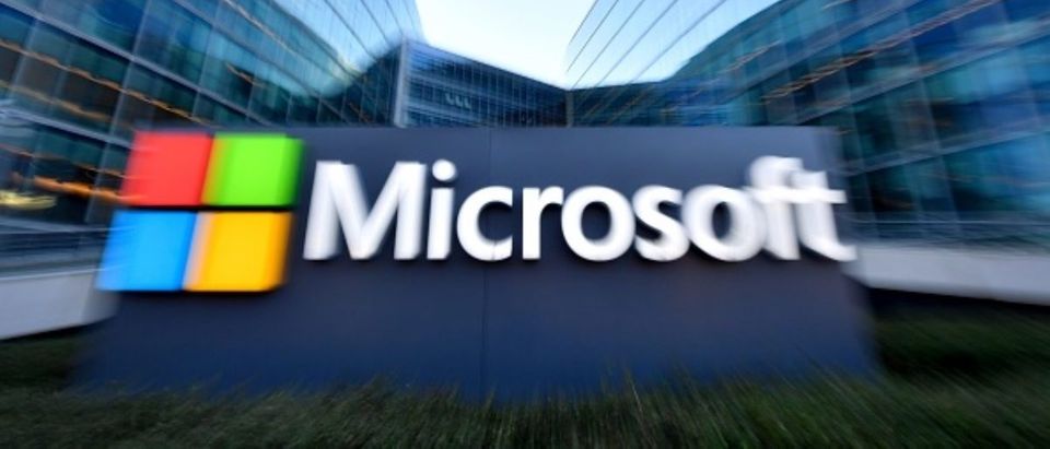 The logo of French headquarters of American multinational technology company Microsoft, is pictured outside on March 6, 2018 in Issy-Les-Moulineaux, a Paris' suburb. (Photo: GERARD JULIEN/AFP/Getty Images)