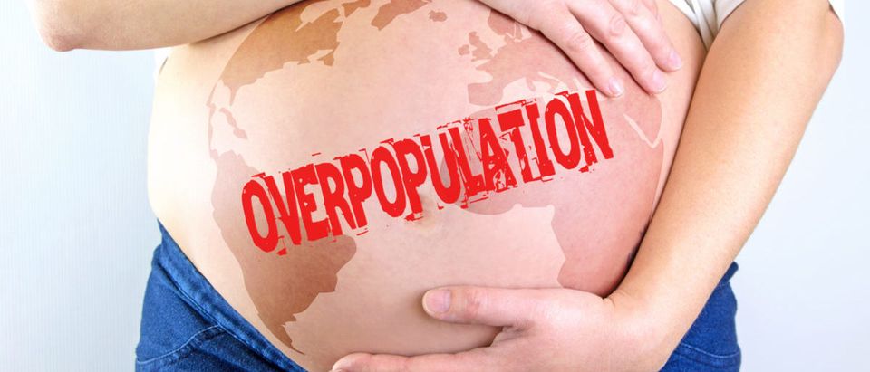 Pregnant woman's belly with overpopulation stamp and world map (Control -- ShutterStock Oko Laa)