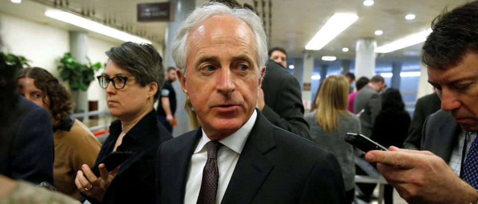 Senator Bob Corker (R-TN) speaks to reporters as he arrives for the weekly Senate Republican policy luncheon in Washington