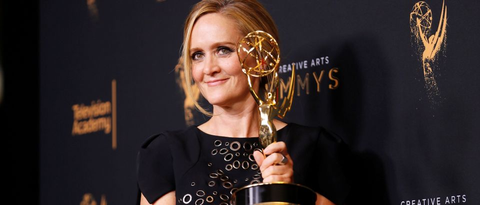 Samantha Bee holds an Emmy Award for Outstanding Writing for a Variety Special for "Full Frontal With Samantha Bee Presents Not The White House Correspondents" backstage at the 2017 Creative Arts Emmy Awards in Los Angeles
