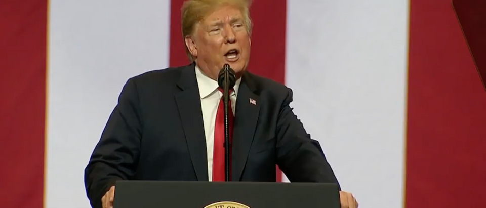President Donald Trump blasted Democrats who are predicting a blue wave in the 2018 midterm elections, saying instead a red wave would sweep them in the 2018 November midterm elections at a Wednesday rally. (Screen Shot: President Donald Trump hosts 'MAGA' rally in Fargo, ND:Youtube:Fox News)