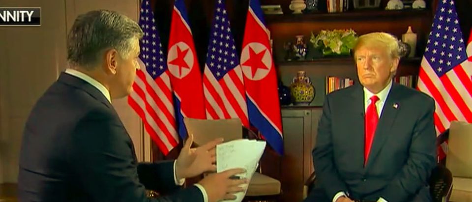 Sean Hannity interviews President Donald Trump after Trump's meeting with North Korea's Kim Jong Un in Singapore, June 12, 2018. (Photo: Screenshot/Fox News/Hannity)