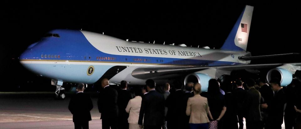 The plane carrying U.S. President Donald Trump arrives at Paya Lebar Air Base in Singapore