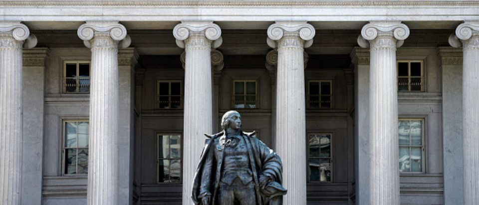 WASHINGTON, D.C. - APRIL 22, 2018: A statue of Albert Gallatin, a former U.S. Secretary of the Treasury, stands in front of The Treasury Building in Washington, D.C. The National Historic Landmark building is the headquarters of the United States Department of the Treasury. (Photo by Robert Alexander/Getty Images)
