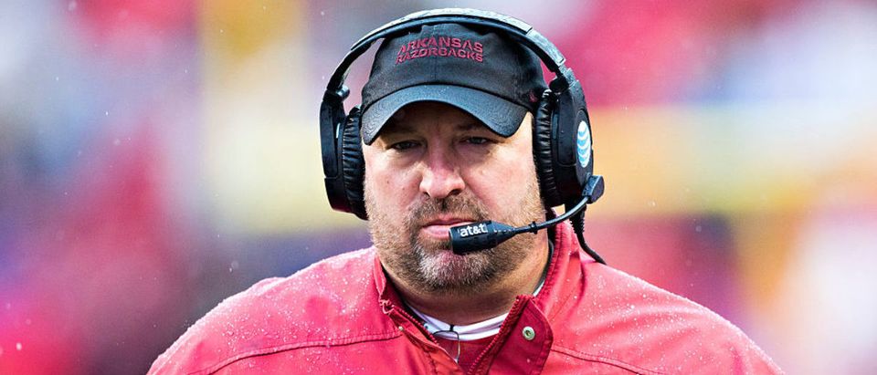 FAYETTEVILLE, AR - NOVEMBER 27: Head Coach Bret Bielema of the Arkansas Razorbacks on the sidelines during a game against the Missouri Tigers at Razorback Stadium Stadium on November 27, 2015 in Fayetteville, Arkansas. The Razorbacks defeated the Tigers 28-3. (Photo by Wesley Hitt/Getty Images)