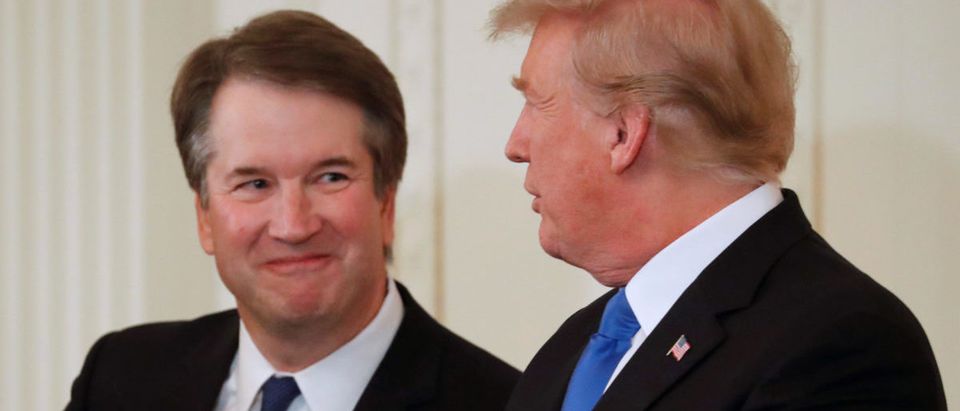 President Trump and his nominee for the U.S. Supreme Court Brett Kavanaugh talk at announcement event in East Room of the White House in Washington