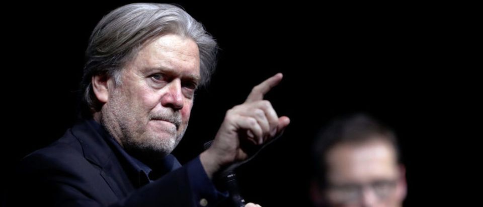 Former White House Chief Strategist Steve Bannon gestures as he speaks during a conference of Swiss weekly magazine Die Weltwoche in Zurich