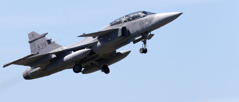 Sweden's Air Force Saab JAS 39 Gripen fighter takes off during the AFX 18 exercise in Amari military air base