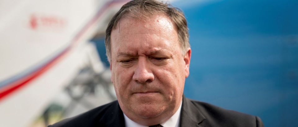 U.S. Secretary of State Mike Pompeo pauses while speaking to members of the media following two days of meetings with Kim Yong Chol, a North Korean senior ruling party official and former intelligence chief, before boarding his plane at Sunan International Airport in Pyongyang, North Korea, July 7, 2018, to travel to Japan. Andrew Harnik/Pool via REUTERS