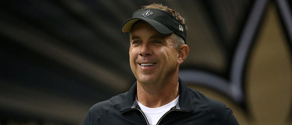 NEW ORLEANS, LA - AUGUST 30: Head coach Sean Payton of the New Orleans Saints has a 'Katrina X' on his shirt in honor of the 10-year anniversary of Hurrican Katrina during the game against the Houston Texans at the Mercedes-Benz Superdome on August 30, 2015 in New Orleans, Louisiana. (Photo by Chris Graythen/Getty Images)