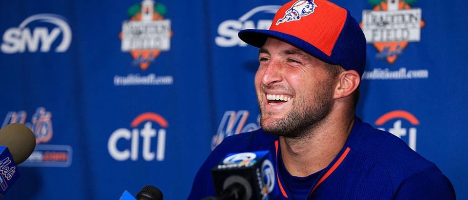 Tim Tebow #15 of the New York Mets speaks at a press conference after a work out at an instructional league day at Tradition Field on September 20, 2016 in Port St. Lucie, Florida. (Photo by Rob Foldy/Getty Images)