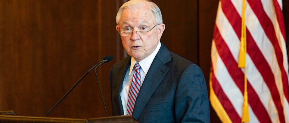 SCRANTON, PA - JUNE 15: U.S. Attorney General Jeff Sessions delivers remarks on immigration and law enforcement actions on at Lackawanna College June 15, 2018 in Scranton, Pennsylvania. The audience was an invited a group of federal, state and local law enforcement as well as local police academy cadets. (Photo by Jessica Kourkounis/Getty Images)