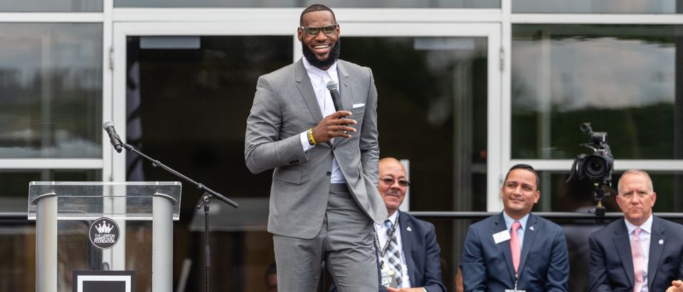 AKRON, OH - JULY 30: LeBron James addresses the crowd during the opening ceremonies of the I Promise School on July 30, 2018 in Akron, Ohio. (Photo by Jason Miller/Getty Images)