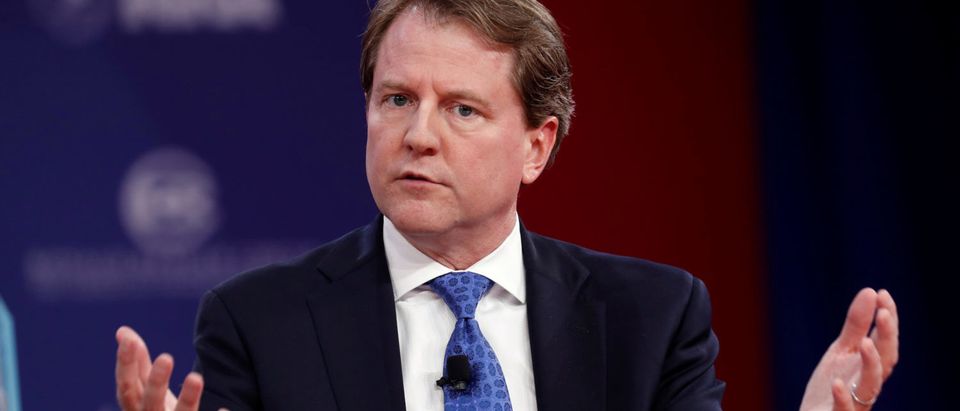 White House Counsel Don McGahn speaks at the Conservative Political Action Conference (CPAC) at National Harbor, Maryland, U.S., February 22, 2018. REUTERS/Kevin Lamarque