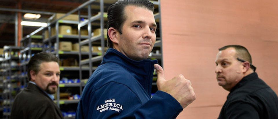 Donald Trump Jr. gives a thumbs-up after a get-out-the-vote rally for his father, Republican presidential nominee Donald Trump, at Ahern Manufacturing on November 3, 2016 in Las Vegas, Nevada. Trump Jr. urged people to vote for his father during early voting, which ends on November 4 in the battleground state, and on Election Day November 8. (Photo by David Becker/Getty Images)