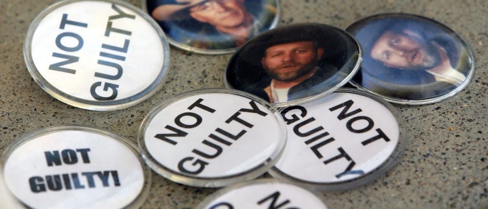 Buttons with images of Cliven Bundy's son Ammon Bundy and slain Arizona rancher LaVoy Finicum, are shown outside the federal courthouse in Las Vegas