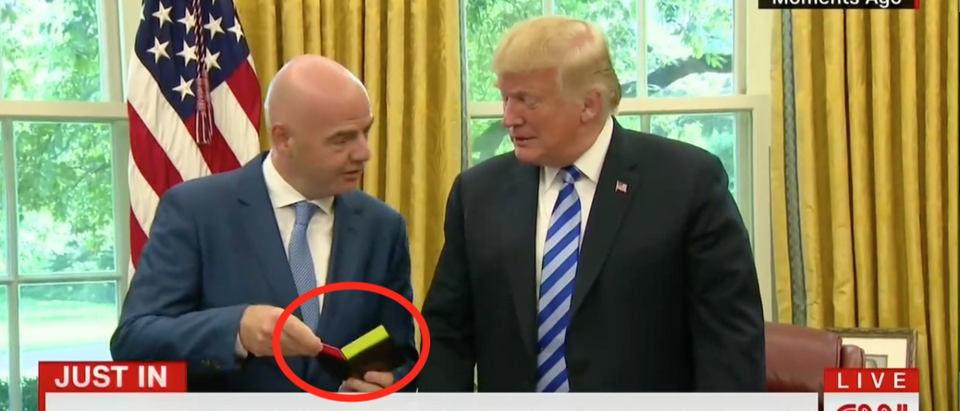 Trump Gifted With Red Card From FIFA President (CNN Screenshot: August 28, 2018)
