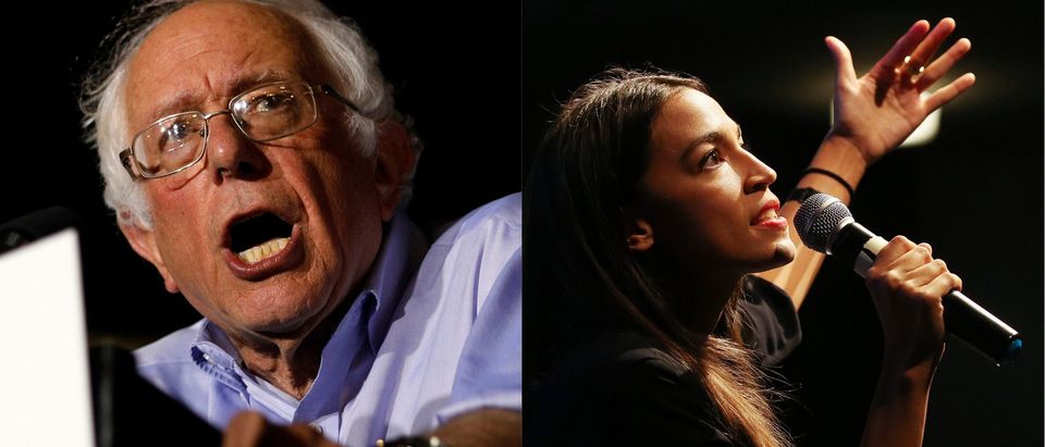 Bernie Sanders and Alexandria Ocasio-Cortex speaking, Getty Images/ Mario Tama and Bill Pugliano