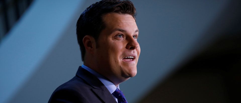 Rep. Matt Gaetz (R-FL) speaks with the media about the memo released by the House Intelligence Committee in Washington