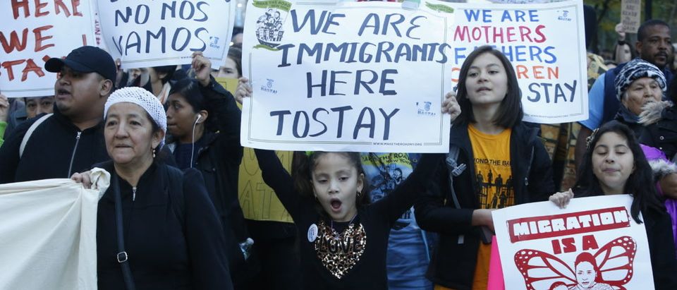 NEW YORK CITY - NOVEMBER 13 2016: Latinos, immigrants & supporters gathered 3,000 strong at Columbus Circle to protest & march against President-elect Donald Trump's proposed immigration policies