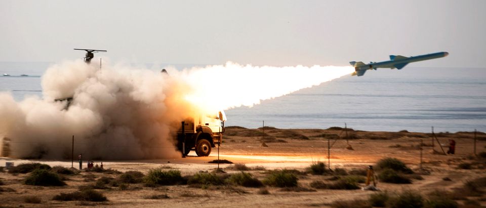 An Iranian long-range shore-to-sea missile called Qader (Capable) is launched during Velayat-90 war game on Sea of Oman's shore near the Strait of Hormuz in southern Iran January 2, 2012. REUTERS/Jamejamonline/Ebrahim Norouzi/Handout
