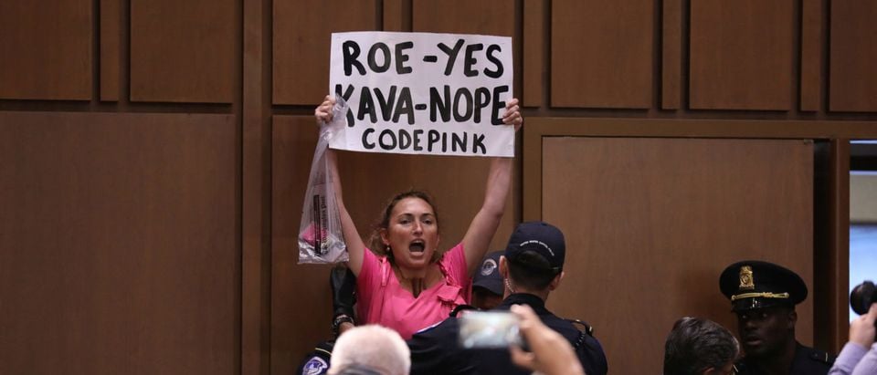 A protester is removed during the start of U.S. Supreme Court nominee judge Brett Kavanaugh's Senate Judiciary Committee confirmation hearing on Capitol Hill in Washington, U.S., September 4, 2018. REUTERS/Chris Wattie