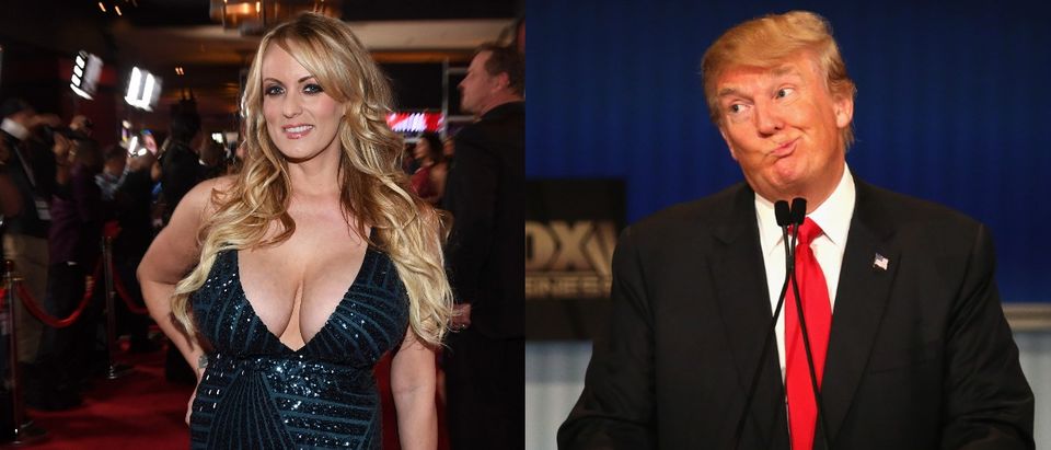 LEFT: Adult film actress/director Stormy Daniels attends the 2018 Adult Video News Awards at the Hard Rock Hotel & Casino on January 27, 2018 in Las Vegas. (Photo by Ethan Miller/Getty Images) RIGHT: Presidential candidate Donald Trump gestures after Carly Fiorina says she met with Russian President Putin at a one on one meeting, during the Republican Presidential Debate sponsored by Fox Business and the Wall Street Journal at the Milwaukee Theatre November 10, 2015 in Milwaukee, Wisconsin. (Photo by Scott Olson/Getty Images)