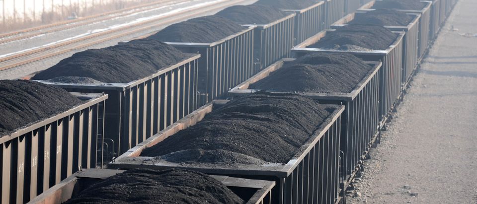 Carriages loaded with coal are seen at a mine pit of Huaibei Mining Group in Huaibei, Anhui province, China January 11, 2018. Picture taken January 11, 2018. China Daily via REUTERS ATTENTION EDITORS - THIS IMAGE WAS PROVIDED BY A THIRD PARTY. CHINA OUT.