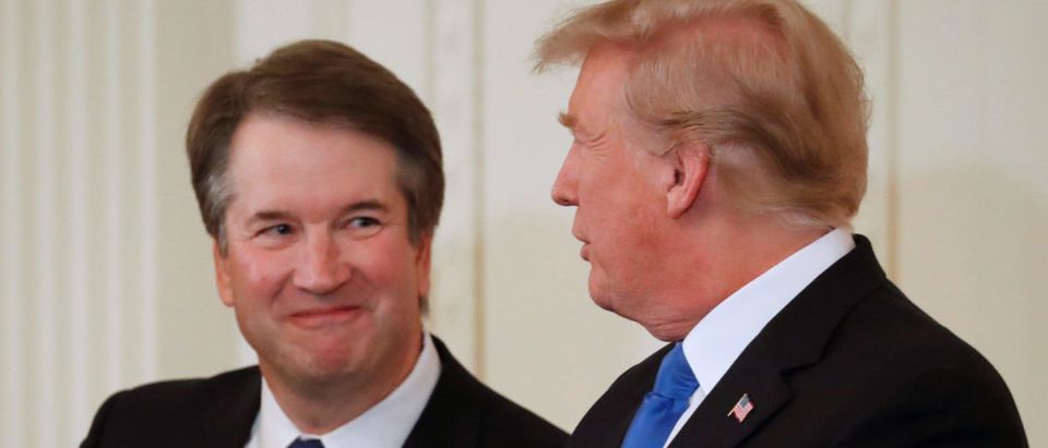President Trump and his nominee for the U.S. Supreme Court Brett Kavanaugh talk at announcement event in East Room of the White House in Washington