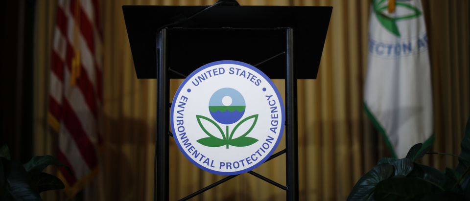 Podium awaits the arrival of U.S. EPA Acting Administrator Andrew Wheeler to address staff at EPA Headquarters in Washington