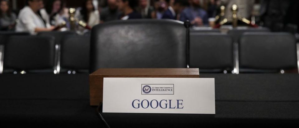 An empty seat for Google is seen during a Senate Intelligence Committee hearing concerning foreign influence operations' use of social media platforms, on Capitol Hill, September 5, 2018 in Washington, DC. Photo by Drew Angerer/Getty Images