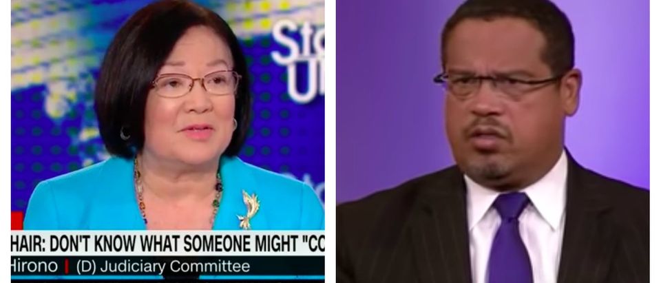 Sen. Mazie Hirono appears on CNN with Jake Tapper. Keith Ellison is pictured during the Minnesota AG debates. (YouTube/Screen shots)