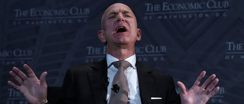 WASHINGTON, D.C. -- SEPTEMBER 13: CEO and founder of Amazon Jeff Bezos participates in a discussion during a Milestone Celebration dinner September 13, 2018 in Washington, DC. Economic Club of Washington celebrated its 32nd anniversary at the event. (Photo by Alex Wong/Getty Images)