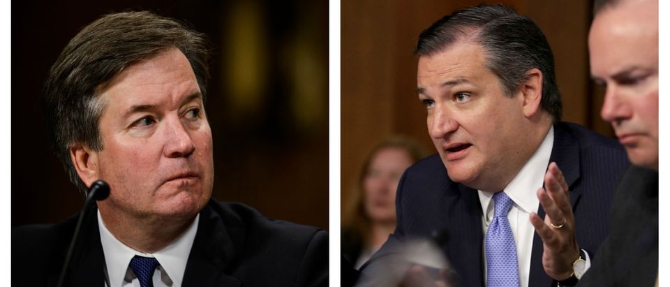 LEFT: Judge Brett M. Kavanaugh testified in front of the Senate Judiciary committee regarding sexual assault allegations at the Dirksen Senate Office Building on Capitol Hill Thursday, September 27, 2018. (Gabriella Demczuk-Pool/Getty Images) RIGHT: Senate Judiciary Committee member Sen. Ted Cruz (R-TX) (L) delivers opening remarks during Judge Brett Kavanaugh's Supreme Court confirmation hearing in the Hart Senate Office Building on Capitol Hill September 4, 2018 in Washington, DC. (Chip Somodevilla/Getty Images)