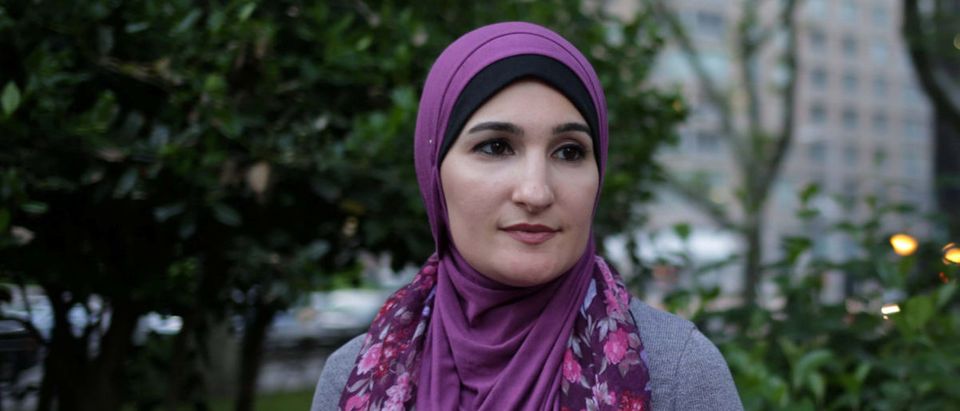 Muslim American activist Linda Sarsour poses for a photograph during an immigration rally and Iftar "breaking fast" during the month of Ramadan outside ICE's New York field office at Foley Square in Manhattan, New York