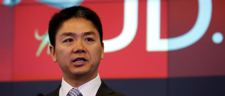 Liu, CEO and founder of JD.com, speaks before ringing the opening bell at the NASDAQ Market Site building in New York