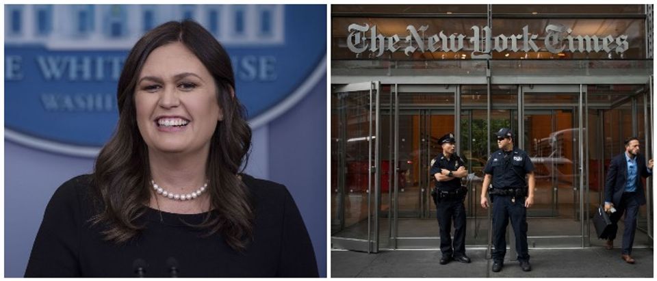 Sarah Sanders and the NYT side by side (LEFT: NICHOLAS KAMM/AFP/Getty Images RIGHT: Photo by Drew Angerer/Getty Images)