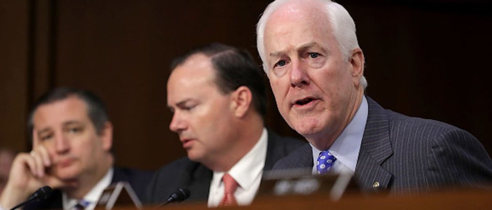 WASHINGTON, D.C. -- SEPTEMBER 06: Senate Judiciary Committee members (R-L) John Cornyn (R-TX), Mike Lee (R-UT) and Ted Cruz (R-TX) engage in a debate with fellow members of the committee during the third day of Supreme Court nominee Judge Brett Kavanaugh's confirmation hearing in the Hart Senate Office Building on Capitol Hill September 6, 2018 in Washington, D.C. Kavanaugh was nominated by President Donald Trump to fill the vacancy on the court left by retiring Associate Justice Anthony Kennedy. (Photo by Chip Somodevilla/Getty Images)