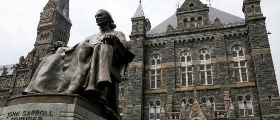 WASHINGTON - AUGUST 15: A statue of John Carroll, founder of Georgetown University, sits before Healy Hall on the school's campus August 15, 2006 in Washington, DC. Georgetown University was founded in 1789 and it is the oldest Catholic and Jesuit university in the U.S. (Photo by Alex Wong/Getty Images)