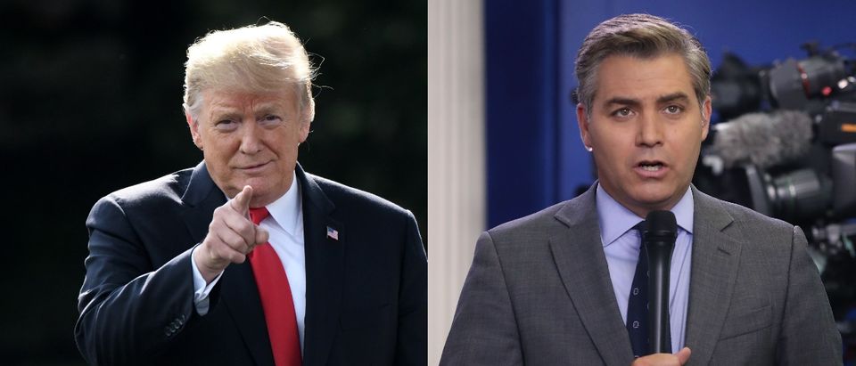 CNN reporter Jim Acosta reports from the briefing room at the White House, on August 2, 2018 in Washington, D.C. (Photo by Mark Wilson/Getty Images) President Donald Trump talks to the press as leaves the White House by the South lawn and boards Marine One en route to Council Bluffs, Iowa, for a 'Make America Great Again' rally on October 9, 2018 in Washington D.C. (Photo: OLIVIER DOULIERY/AFP/Getty Images)