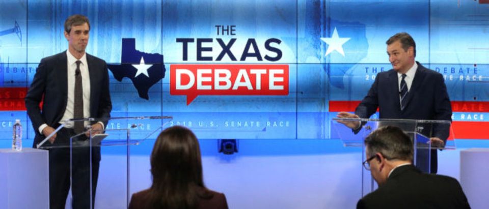 U.S. Rep. Beto O'Rourke, faces U.S. Senator Ted Cruz, in debate at the KENS 5 TV studios in San Antonio, Texas, October 16, 2018. Tom Reel/San Antonio Express-News/Pool via REUTERS