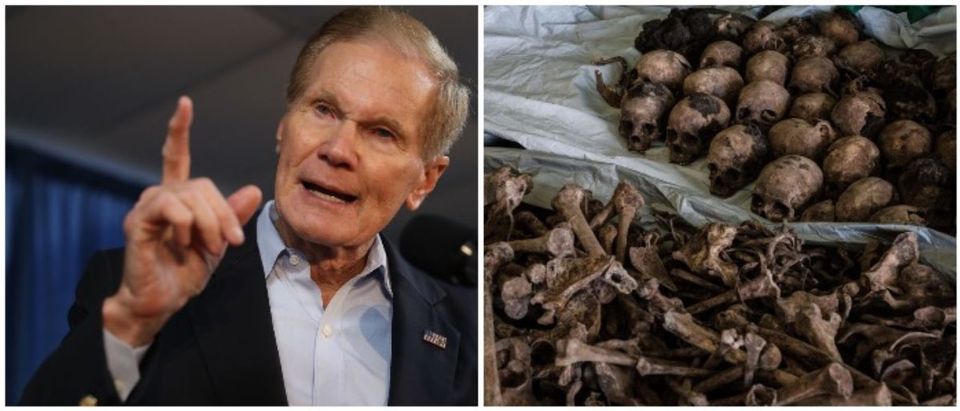 Bill Nelson and a photo of skeletons from the Rwandan genocide (LEFT: Joe Raedle/Getty Images RIGHT: YASUYOSHI CHIBA/AFP/Getty Images)