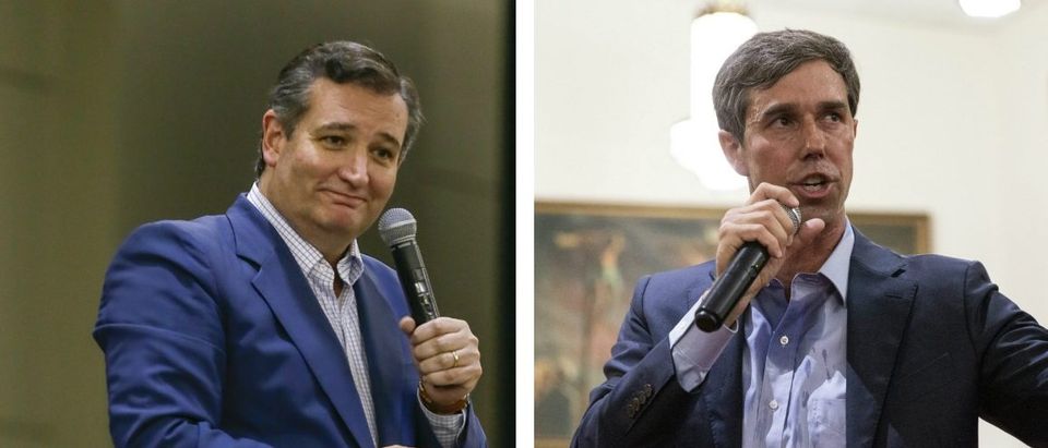 LEFT: Ted Cruz speaks at a Ted Cruz Rally at the Lone Star Convention Center on October 3, 2018 in Conroe, Texas. (Bob Levey/Getty Images for Left/Right TV) RIGHT: U.S. Representative Beto O'Rourke (D-TX) campaigns in Dallas, Texas, on September 14, 2018. - O'Rourke is the Democratic challenger for the U.S. Senate seat currently held by U.S. Senator Ted Cruz (R-TX) (LAURA BUCKMAN/AFP/Getty Images)