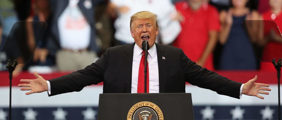 OCTOBER 31: President Donald Trump speaks during a campaign rally at the Hertz Arena to help Republican candidates running in the upcoming election on October 31, 2018 in Estero, Florida. President Trump continues traveling across America to help get the vote out for Republican candidates running for office. (Photo by Joe Raedle/Getty Images)